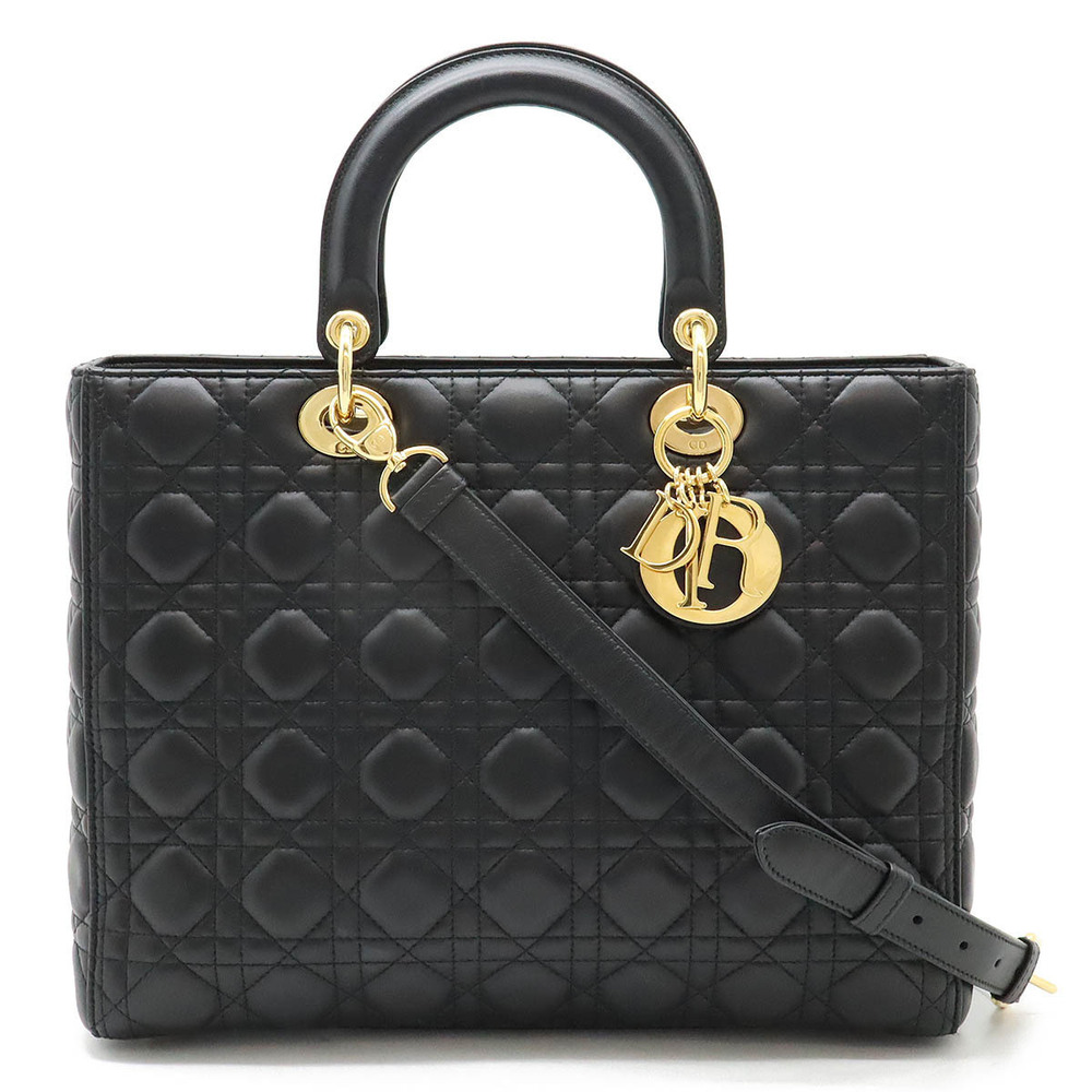 Christian Dior Lady Cannage Tote Bag Shoulder Leather Black